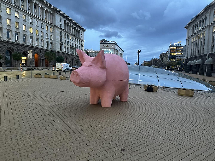 Розово прасе пред Партийния дом. От ДПС на Пеевски се засегнаха - напръскаха го със спрей (ВИДЕО)